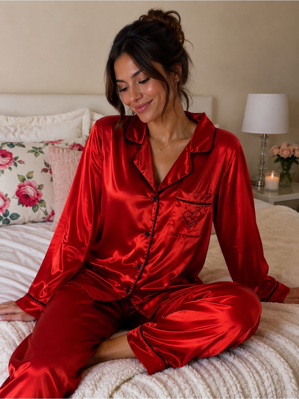 Satin Red Long-Sleeve Pajama Set with Black Piping